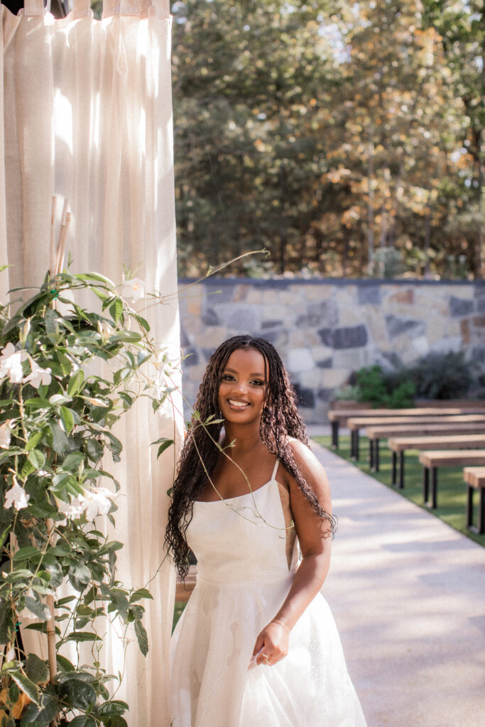 bride at garden wedding ceremony