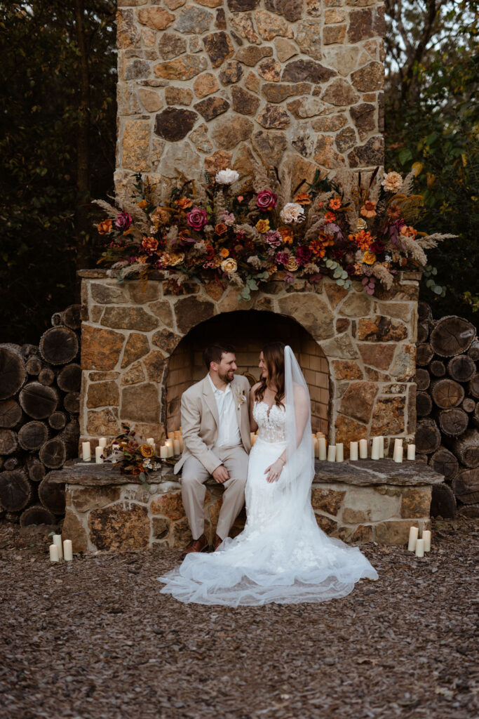 outdoor wedding ceremony with fireplace